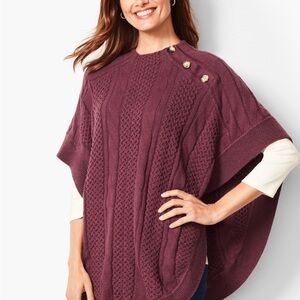 Talbots Plum Cable Knit Funnel Neck Poncho Sweater FUNNEL